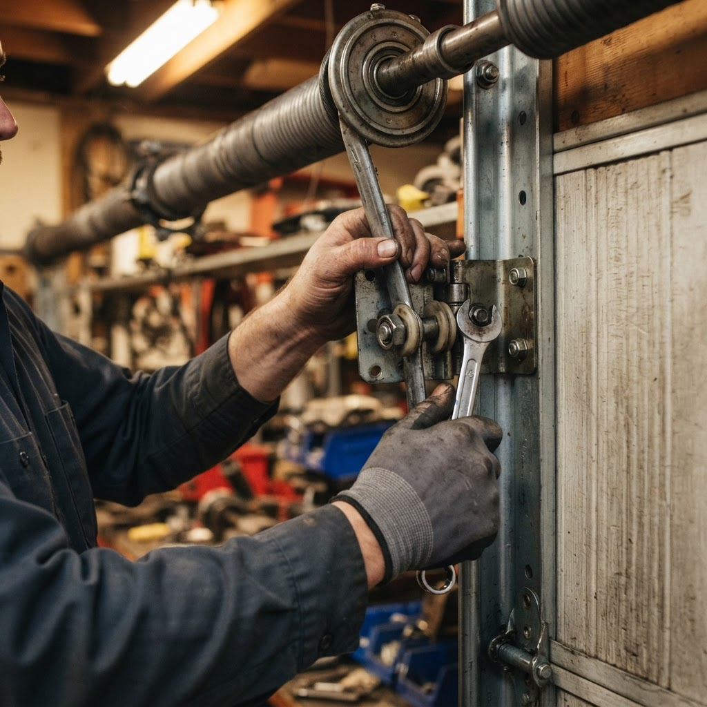 Technician adjusting garage door hardware